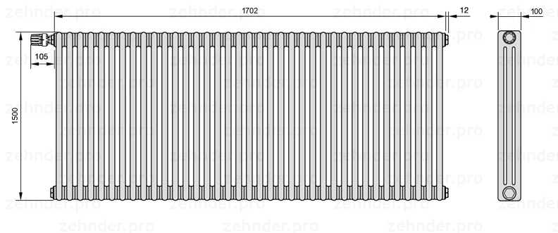Схема (чертеж) Радиатор Zehnder Charleston 3150/37 №V012 Белый глянцевый RAL 9016
